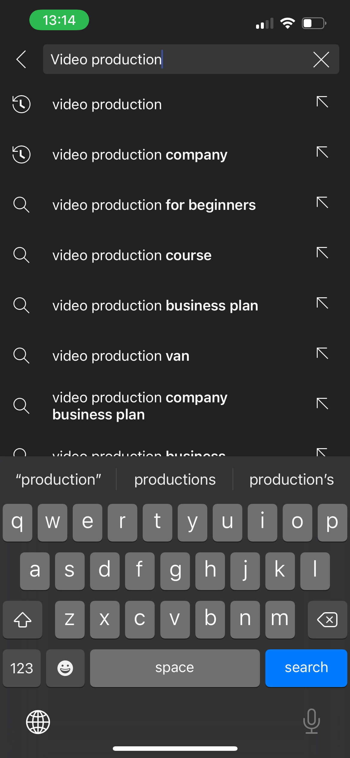 A mobile search for the search terms 'video production' on Google.