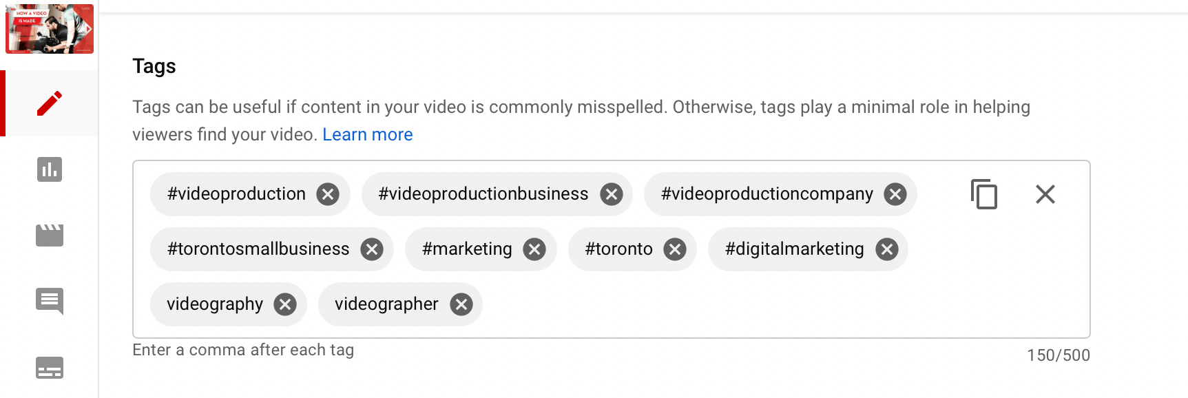 A series of YouTube tags being used in a video production video. 