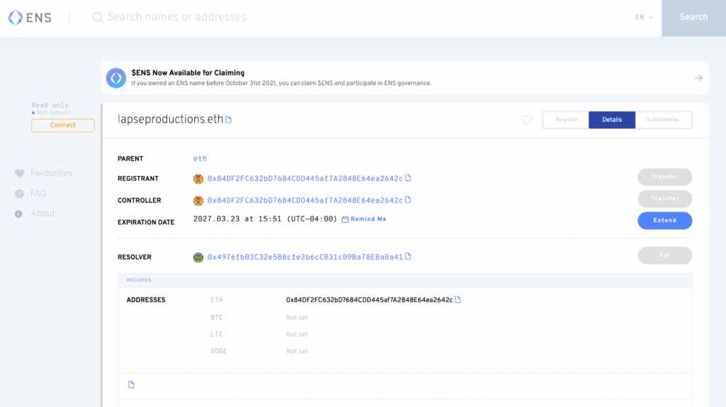 The Ethereum Name Service information for lapseproductions.eth.