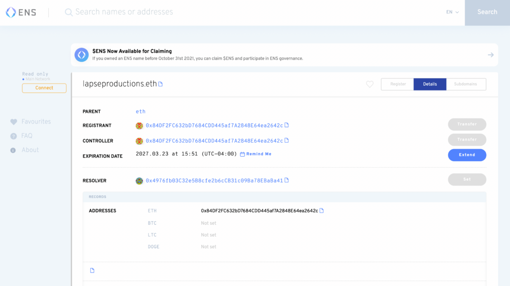 The Ethereum Name Service information for lapseproductions.eth. 