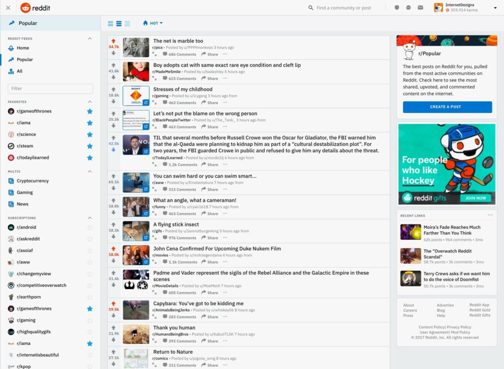 A screenshot of an average Reddit hompage.
