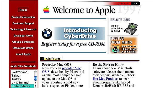 A screenshot of Apple's first website homepage. 