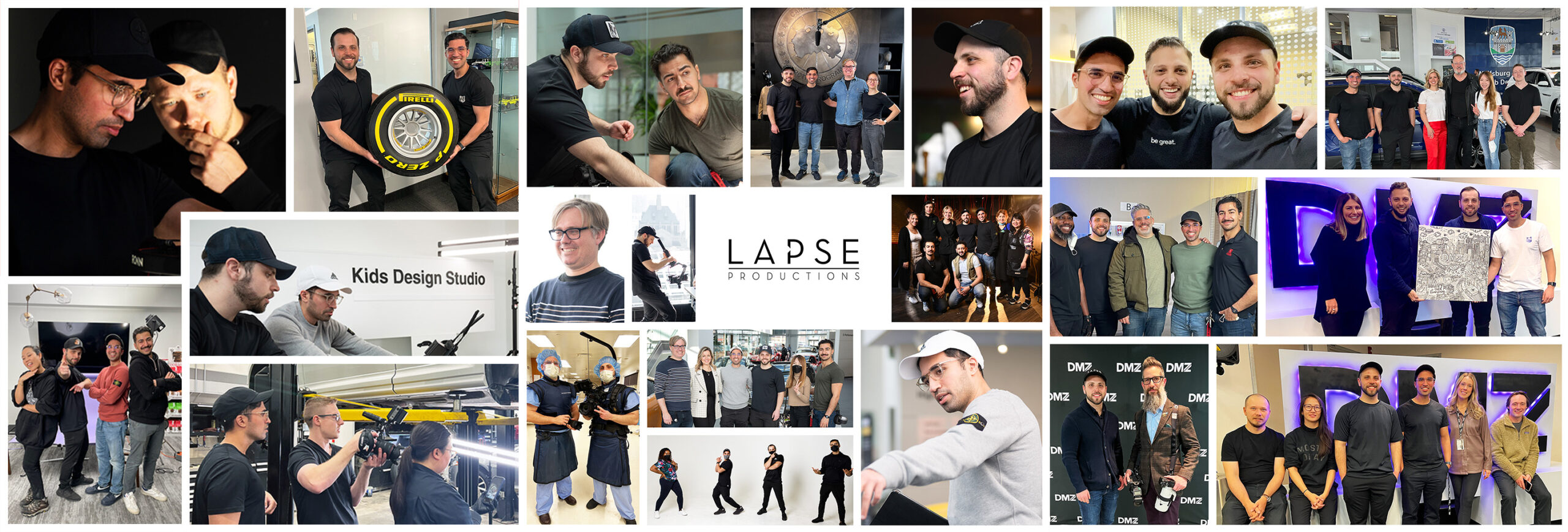 A collection of behind-the-scenes images of Lapse Productions' video production shoots. Featuring crew and cameras. Lapse Productions logo is in the middle. 