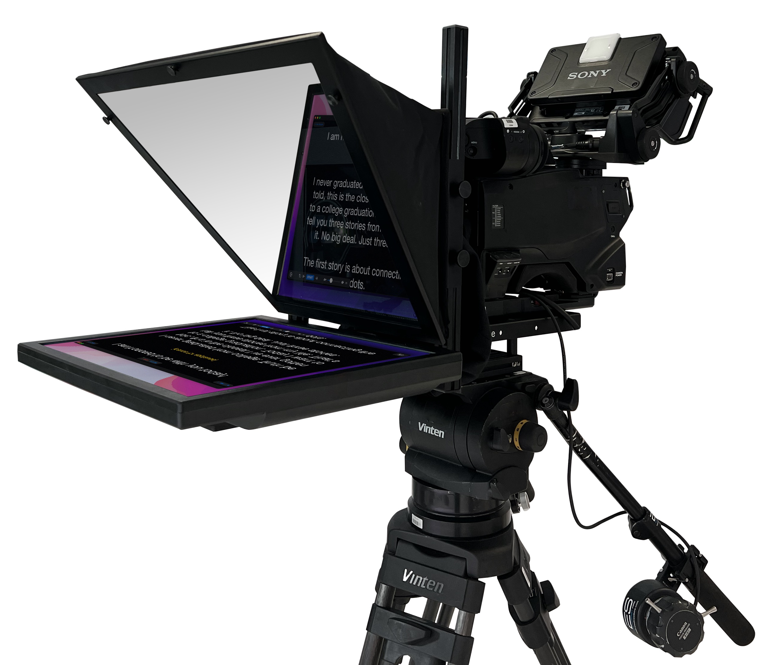 A teleprompter device mounted on a professional video camera, facilitating seamless script reading during production.