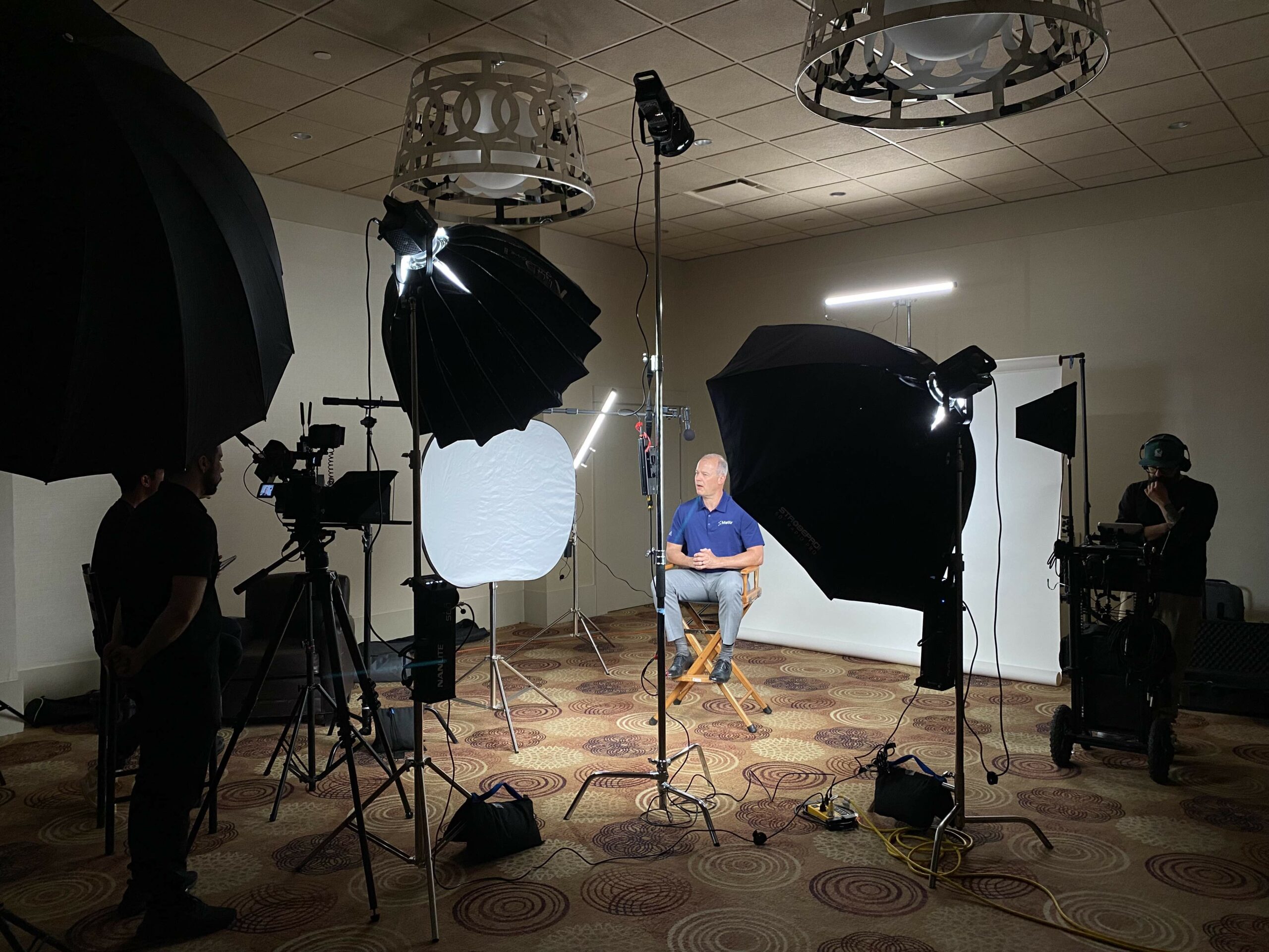 Behind-the-scenes photograph of an interview shoot by Lapse Productions, showcasing the array of professional equipment including cameras, lights, and on-camera talent actively engaged in the production process.