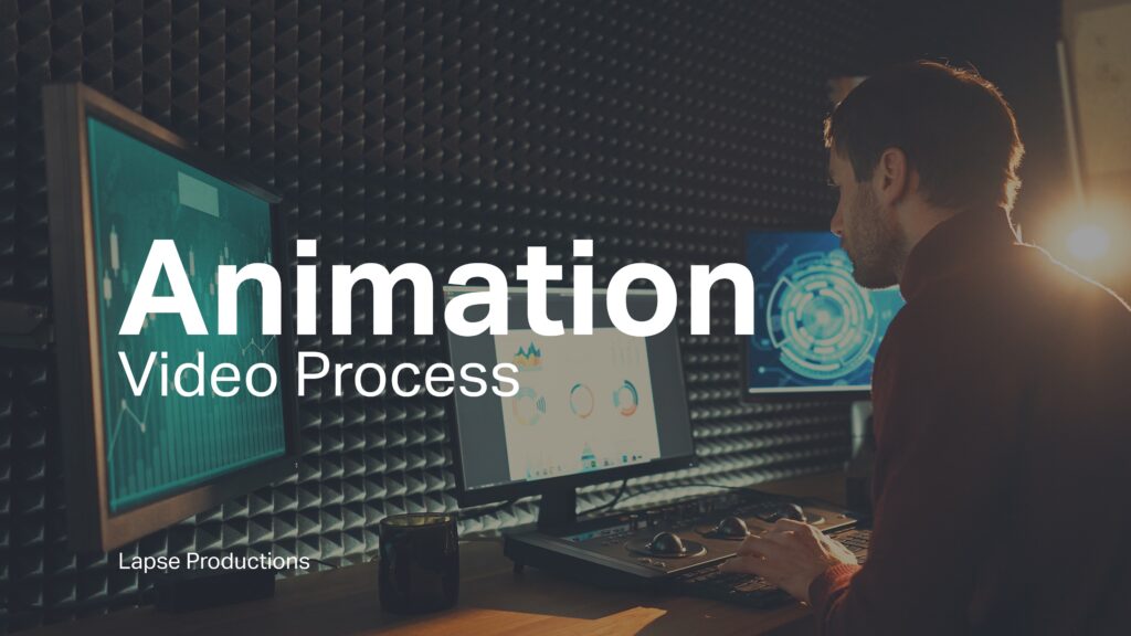 Animator working in his office on an animation video with the words 'Animation Video Process' and 'Lapse Productions' superimposed.
