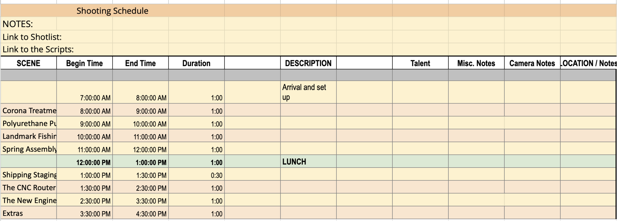 An image displaying a detailed production schedule for a video project. The schedule is organized in a grid format, indicating the sequence of scenes, corresponding shooting dates and times, location details, and assigned crew members. Highlighted sections indicate critical scenes and deadlines, showcasing the comprehensive planning involved in the pre-production process.