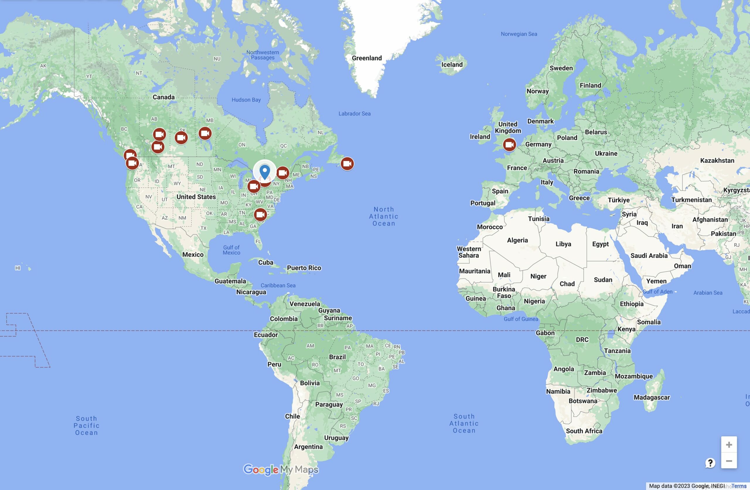 World map highlighting Lapse Productions' global creative network, marking key connections in cities across Canada, the USA, and the UK, representing our wide reach in international video production.