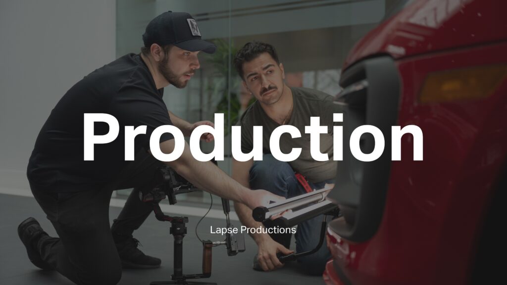 Behind-the-scenes image of a video production process with the word 'Production' and 'Lapse Productions' superimposed.