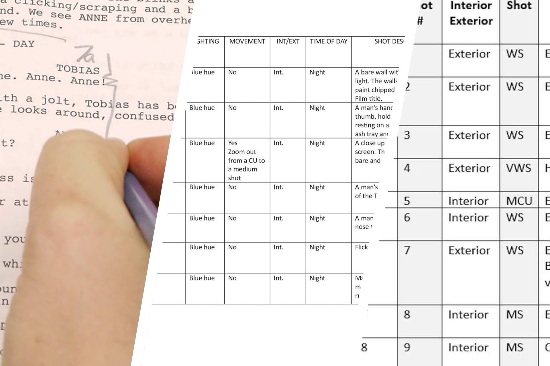 An image displaying a detailed storyboard and shot list for a video production project. The storyboard features a series of hand-drawn sketches illustrating the sequence of key scenes, camera angles, and character movements. The adjacent shot list provides written descriptions of each shot, including camera movement, dialogue, and scene duration.