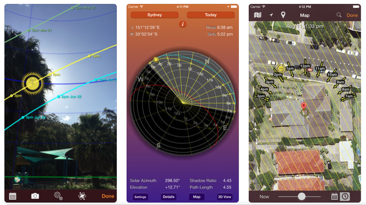 A screengrab of the sun-seeker-app showing the direction and movement of the sun.