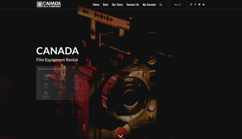 Website homepage of Canada Film Equipment