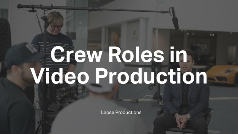 A behind-the-scenes picture of a corporate interview shoot with the words 'Crew Roles in Video Production' and 'Lapse Productions' superimposed on it.