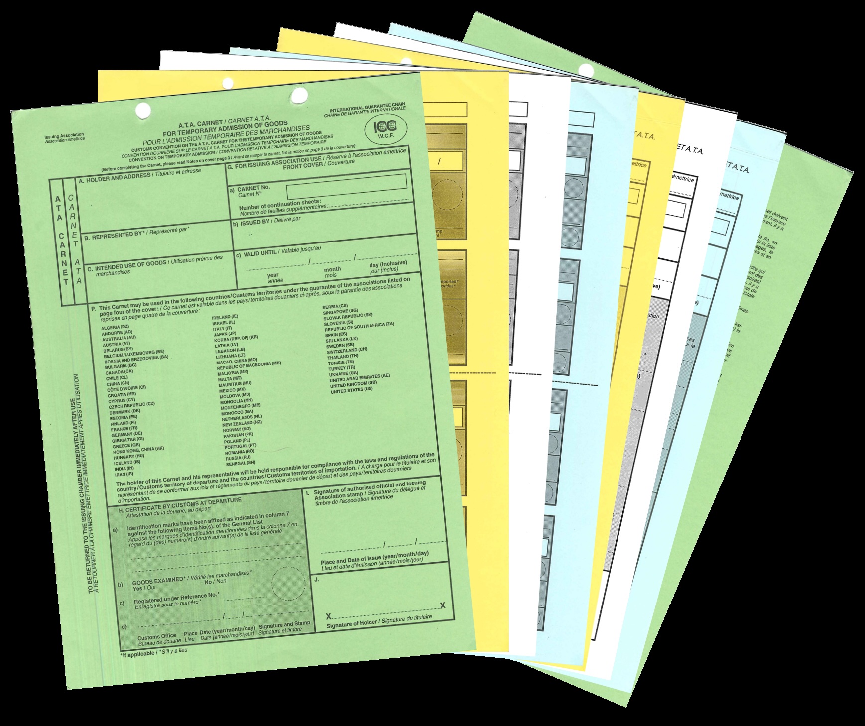 Open ATA Carnet document displaying various sections for customs clearance, commonly referred to as the 'Passport for goods' for international shipping.